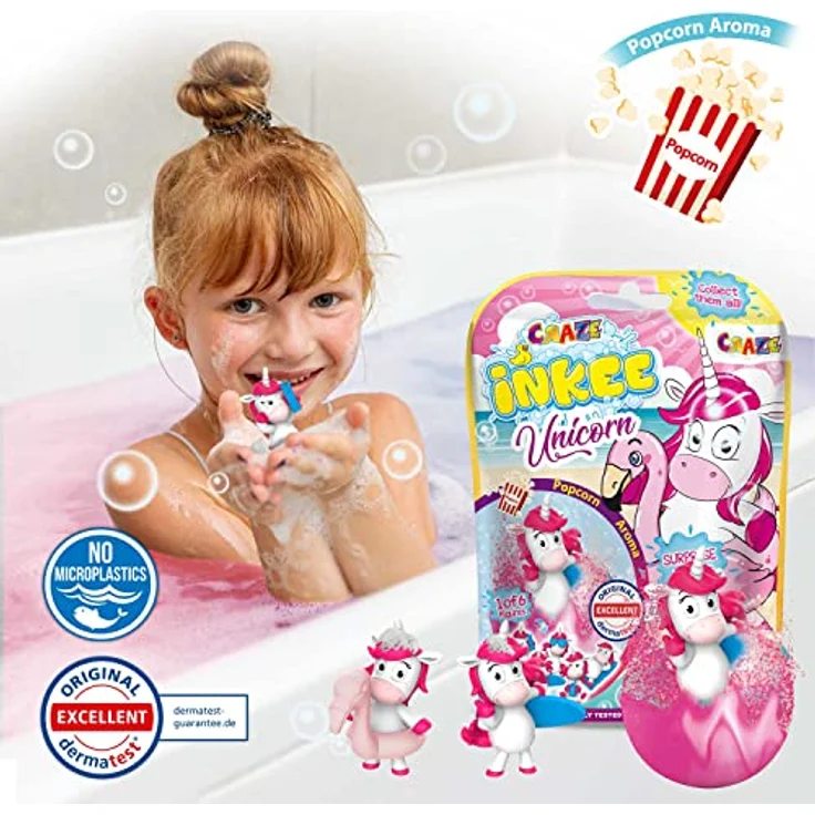 CRAZE INKEE SURPRISE UNICORN BEACH | Einhorn Badekugel mit Überraschung , Badebombe mit Einhornfigur , Pop Corn Aroma , dermatologisch getestet, 1 Stück (1er Pack) – Bild 2