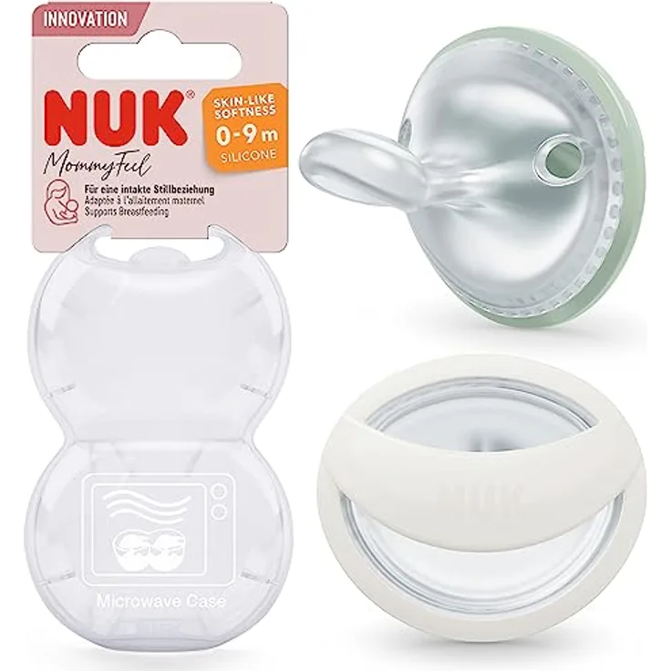 NUK MommyFeel Schnuller | für eine intakte Stillbeziehung | BPA-freies Silikon | 0-9 Monate | 2 Stück | grün & weiß