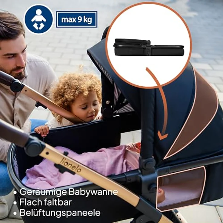 Lionelo Amber 3in1, Kinderwagen mit ADAC-zertifiziertem Autositz, umkehrbarem Sitz, großen Profilrädern und UPF50+-Sonnenschutz – Bild 3
