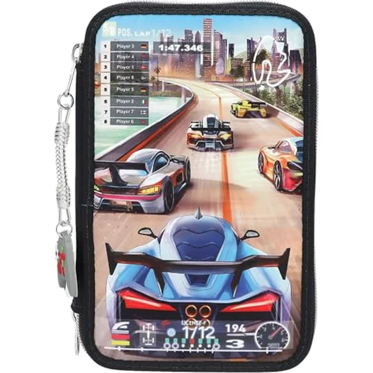 Depesche 13712 Action World Gaming, Gefüllte 3-Fach Federtasche in Dunkelblau, Auto-Rennspiel-Motiv, ausgestattet mit Buntstiften, Schere, Lineal u.v.m. – Bild 1