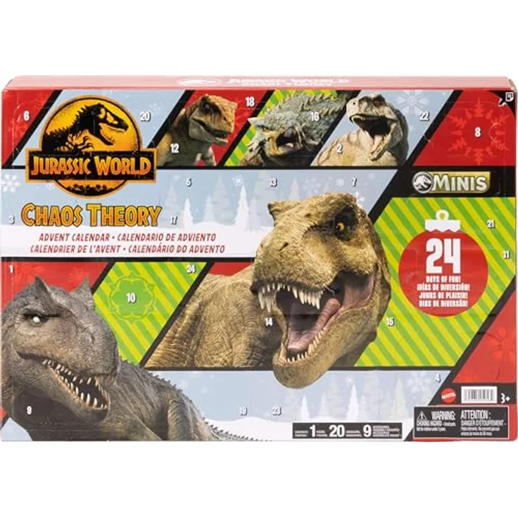 Mattel Jurassic World: Der Chaostheorie Adventskalender, 24-tägige Dinosaurier-Spielzeugüberraschungen für Kinder ab 3 Jahren