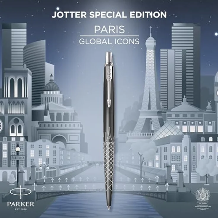 Parker Pen Jotter SE Paris Kugelschreiber M, Edelstahl grau/silber, limitierte Sonderedition mit lasergravierter Skyline und Klickmechanismus – Bild 2