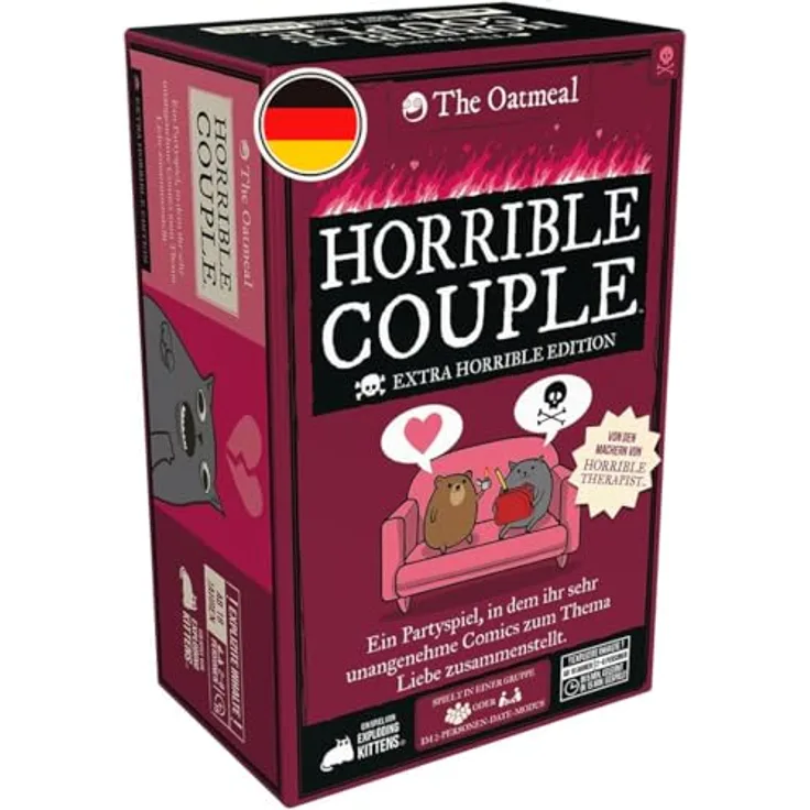Exploding Kittens Horrible Couple (Extra Horrible Edition), kartenspiel für 2-8 Spieler ab 18 Jahren, deutsch, mit schwarzem Humor und 15 Minuten Spielzeit pro Partie