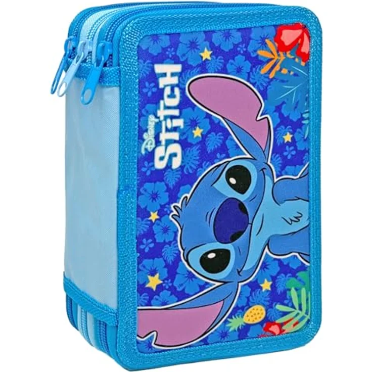 Clondo Dreifach Gefüllt Federmäppchen für Kinder, offiziell lizenziertes Stitch Design, 44 Schulutensilien, 3 Reißverschlüsse, Maße 20 x 12 x 7 cm, Polyester – Bild 1