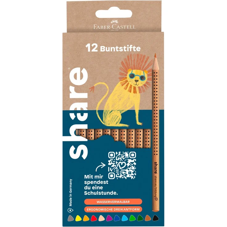 share Wasserverdünnbare Buntstifte, 12er Set in sortierten Farben, ergonomisch geformt, unterstützt Bildung