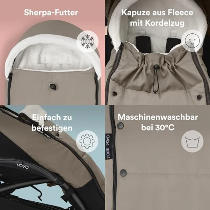 Stokke YOYO Fußsack, Taupe - Sherpa-Futter, Fleece-Kapuze mit Kordelzug, doppelte Wattierung - Maschinenwaschbar bei 30°C - Inklusive kleiner Tasche – Bild 3