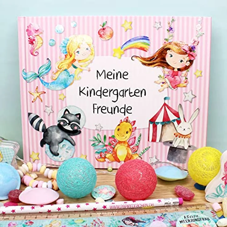 Papierdrachen Hochwertiges Freundebuch für Kinder - Kindergartenfreunde - Rosa - Poesiealbum mit Meerjungfrau, Prinzessin & Dinos - für 27 Freunde - buntes kindgerechtes Design – Bild 8