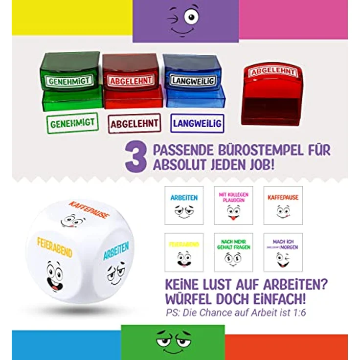 Longfair Lustige Büro Geschenk Box, 24-teiliges Set mit Textmarkern, Anti-Stress Würfel, Notizblock, Stempeln und Postkarten – Bild 3