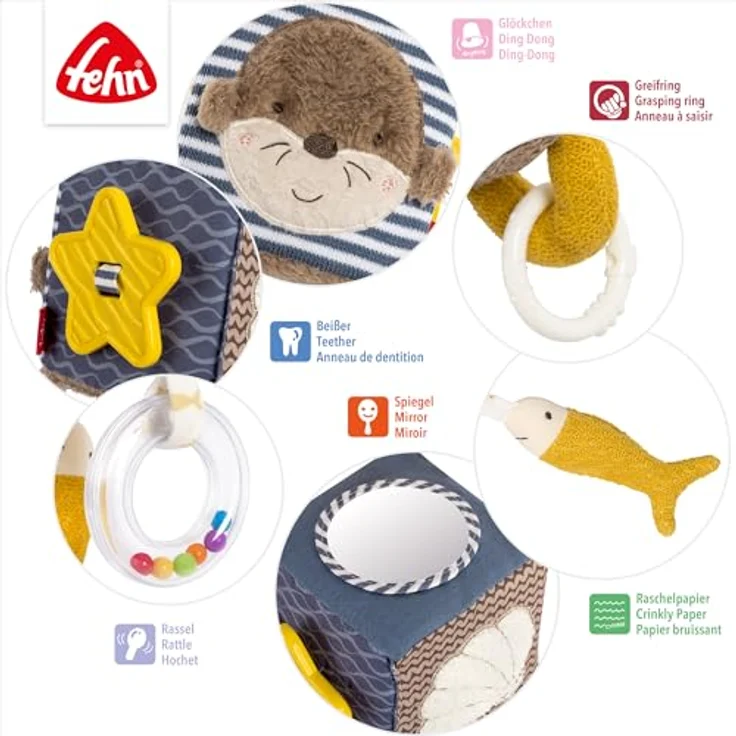 Fehn Greifspielzeug Otter Theo, Activity-Würfel mit Befestigungsring, Motorik-Spielzeug für Babys ab 0+ Monaten, 10 x 10 cm, inkl. Rasselring und Softbeiß-Element – Bild 3