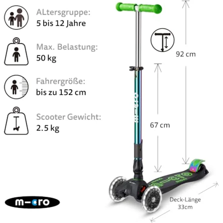 Micro Mobility Maxi Micro Deluxe Foldable LED Neochrome, Dreiradroller mit Klappmechanismus und beleuchteten Rädern, bis 50 kg, Kinder, Jungen/Mädchen – Bild 2