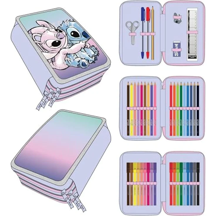Cerdá Stitch Federmäppchen, Rosa, mit 3 Fächern und Zubehör, 12,5 x 6,5 x 19,5 cm – Bild 1