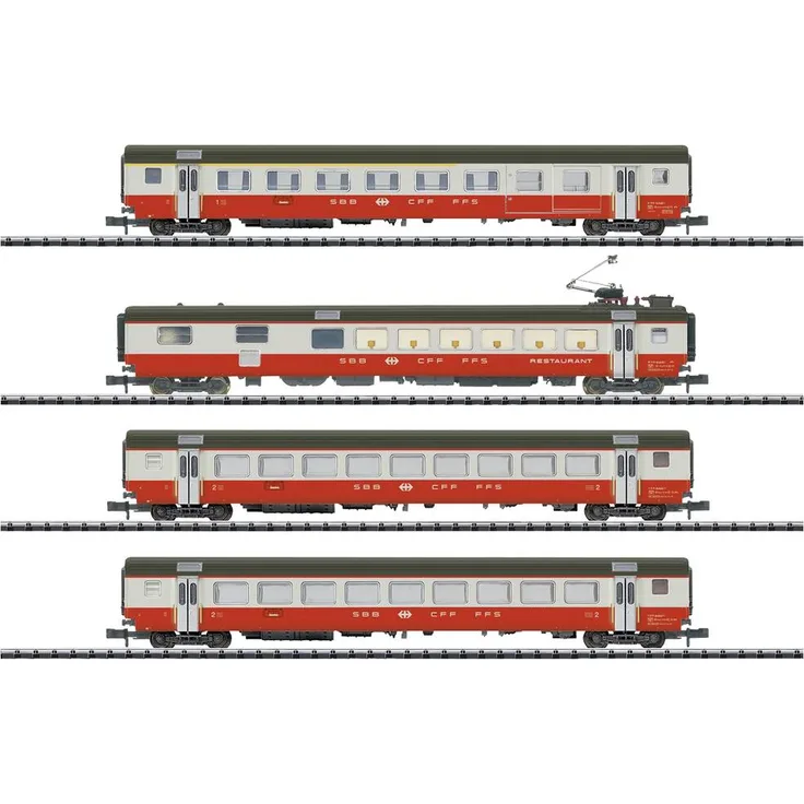 MiniTrix 18720 N 4er-Set Personenwagen Swiss Express der SBB Set 1, Modelleisenbahn-Wagen mit Kinematik für Kurzkupplung, Swiss Express Lackierung