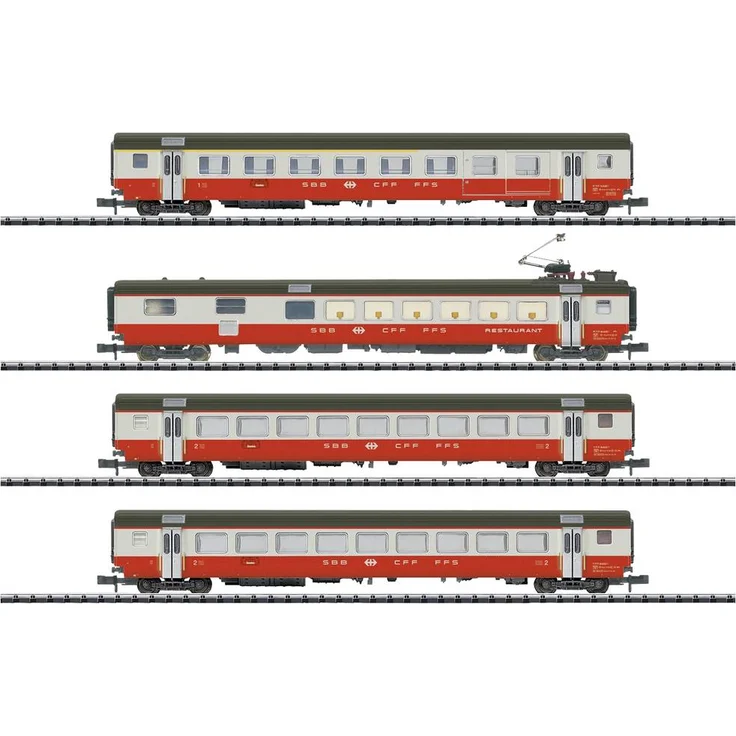 MiniTrix 18720 N 4er-Set Personenwagen Swiss Express der SBB Set 1, Modelleisenbahn-Wagen mit Kinematik für Kurzkupplung, Swiss Express Lackierung