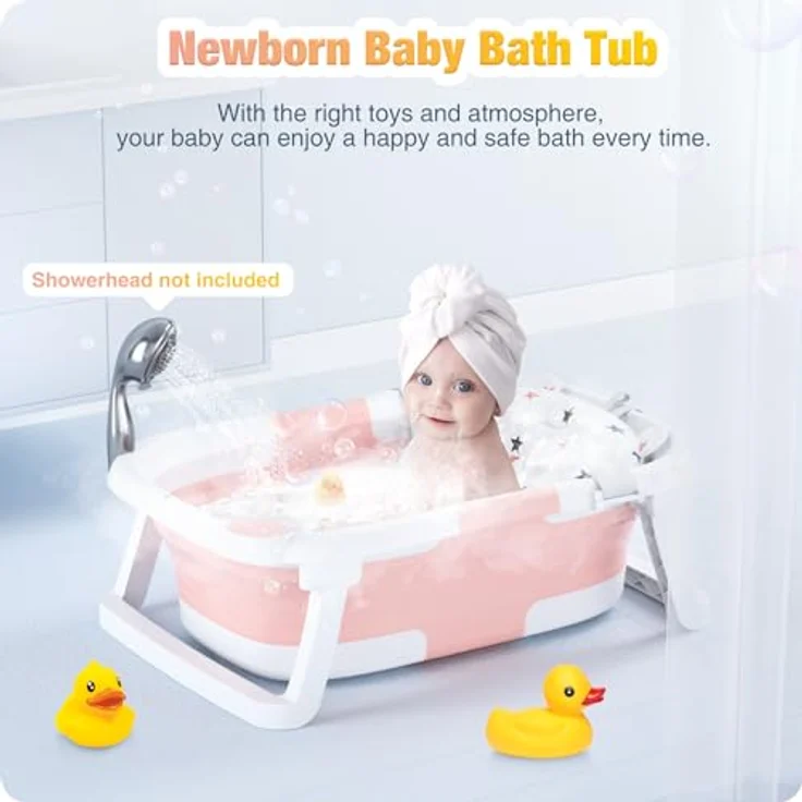 RABB 1ST Faltbare Babybadewanne, tragbare Babywanne mit rutschfester Matte und Abflussloch, Rosa, für Neugeborene und Kleinkinder – Bild 2
