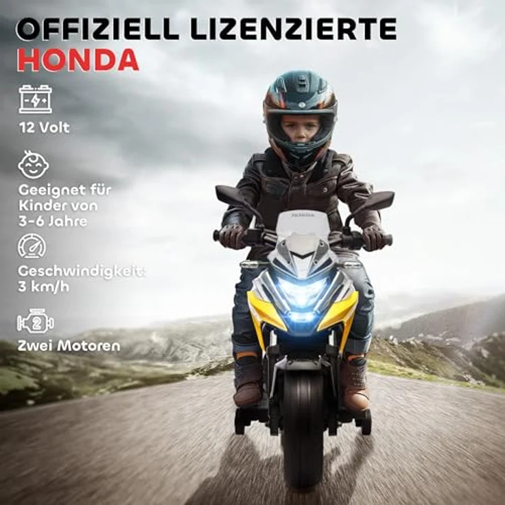AIYAPLAY Elektro Kindermotorrad, Honda lizenziertes Elektromotorrad mit MP3, USB, Scheinwerfer, zwei Stützrädern, für Kinder von 3-6 Jahren, Gelb – Bild 3