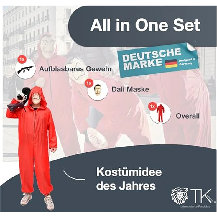 TK Gruppe Timo Klingler Kostümheld® 3 in 1 Unisex Kostüm Set - Haus des Geldes für Erwachsene Unisex mit Dali Salvador Maske, Gewehr, Anzug für Fasching & Halloween (160-180 cm) – Bild 2