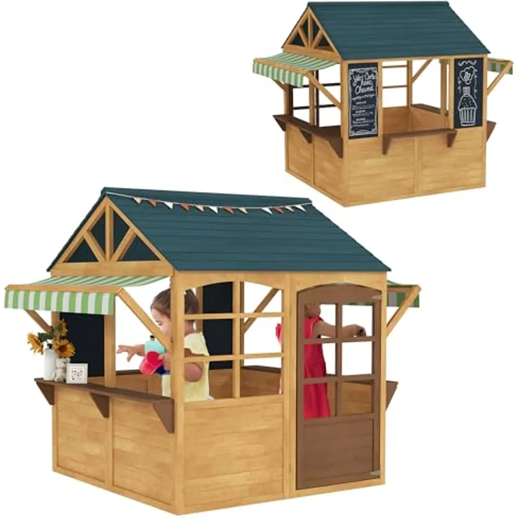 AIYAPLAY Spielhaus aus Holz Faltbar, Outdoor Kinderhaus mit 5 Fenstern, Tür, Fensterbank, Regenkappen für Kinder 3-8 Jahre