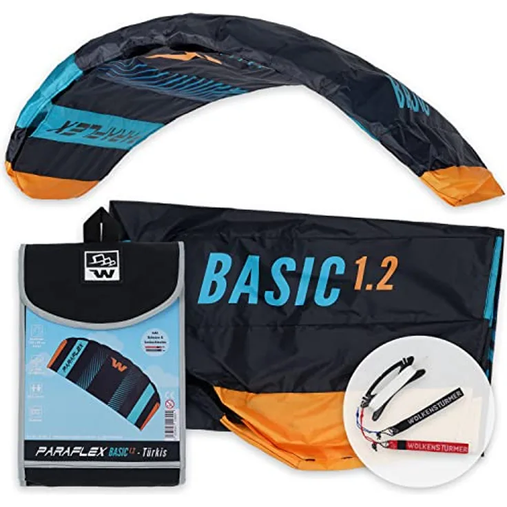Wolkenstürmer® Paraflex Basic 2-Leiner Lenkmatte 1.2, türkis, flugfertiger Kite Drachen für Kinder ab 6 Jahren, 120 cm Spannweite, robustes Ripstop Polyester, inkl. 2x 25m Schnur und Flugschlaufen