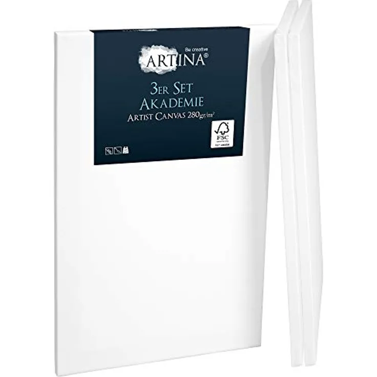 Artina FSC® Keilrahmen 3er Set Akademie 40x50 cm – Leinwand Set Maltuch aus 100% Baumwolle Leinwände 280 g/m² - Keilrahmenset Leinwand zum Bemalen für Acryl-, Aquarell-, Ölfarbe UVM