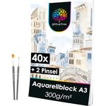 OfficeTree Aquarellpapier 40 Blatt A3 300g, säurefreies Wasserfarben Papier mit 2 Pinseln, strukturiert und glatt, ideal für Aquarellmalerei, Acrylfarben und mehr