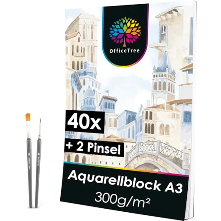 OfficeTree Aquarellpapier 40 Blatt A3 300g, säurefreies Wasserfarben Papier mit 2 Pinseln, strukturiert und glatt, ideal für Aquarellmalerei, Acrylfarben und mehr – Bild 1