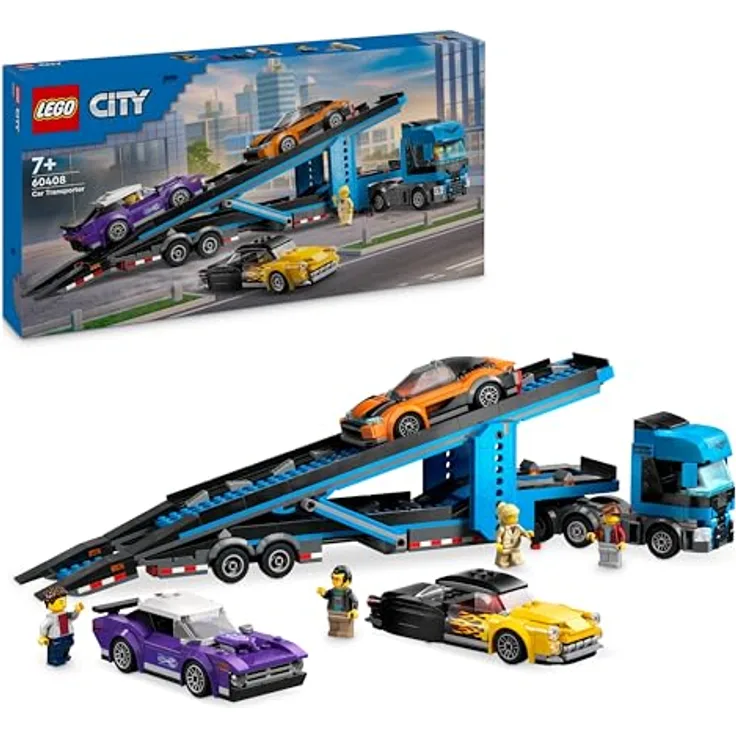 LEGO City Autotransporter mit Sportwagen, Set mit 4 Spielzeugautos für Jungen und Mädchen ab 7 Jahren, Weihnachts- oder Geburtstagsgeschenk, 4 Minifiguren für Rollenspiele 60408