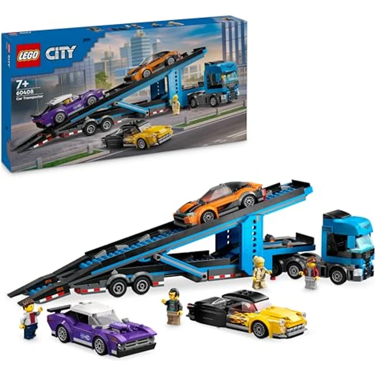 LEGO City Autotransporter mit Sportwagen, Set mit 4 Spielzeugautos für Jungen und Mädchen ab 7 Jahren, Weihnachts- oder Geburtstagsgeschenk, 4 Minifiguren für Rollenspiele 60408 – Bild 1