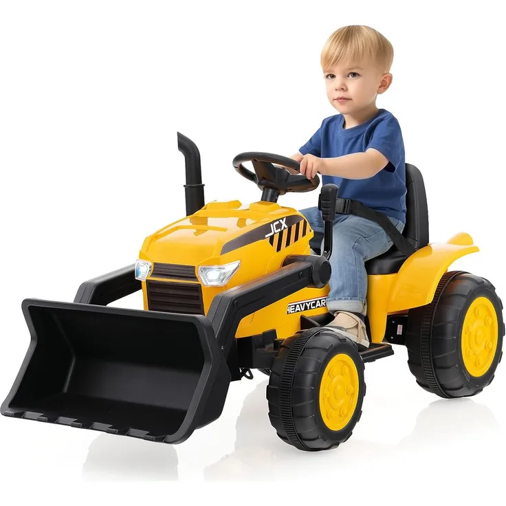 GOPLUS Elektro Baggerlader 12V für Kinder, Gelb, mit Fernbedienung, Scheinwerfer, Musik & Hupe, Slow-Start-Funktion & rutschfesten Rädern