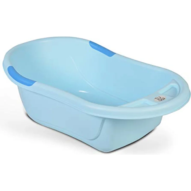 Moni Babybadewanne Lilly platzsparend mit Wasserablauf, Ablagefächer für Zubehör blau – Bild 3