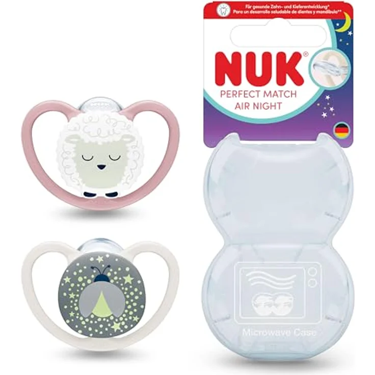 NUK Perfect Match Air Night Baby-Schnuller, leuchtend, für 0-6 Monate, mit luftdurchlässigem Design zur Förderung der Hautatmer und 95% Baby-Akzeptanz, Schaf, 2 Stück – Bild 1