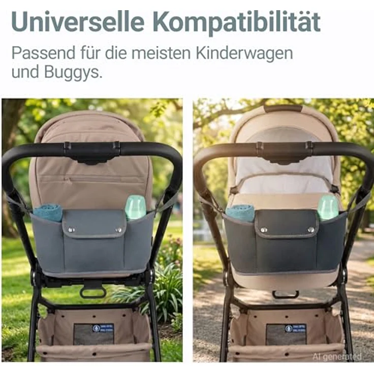Zamboo Buggy Organizer Universal, Neopren Kinderwagentasche mit Klettbefestigung, 4 Fächern und Getränkehalter, grau – Bild 3