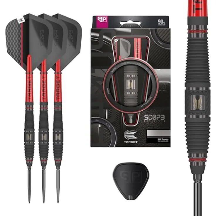 Target Darts Scope Swiss Point Steeldarts, 90% Tungsten Dart-Set, Barrel 03-21G in Rot & Schwarz