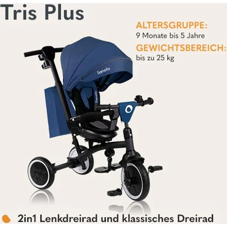 Lionelo Tris Plus Multifunktionales Laufrad Dreirad, Kinderwagen mit drehbarem Sitz, 360° verstellbarer Rückenlehne, große PU-Räder, Montage ohne Werkzeug – Bild 2