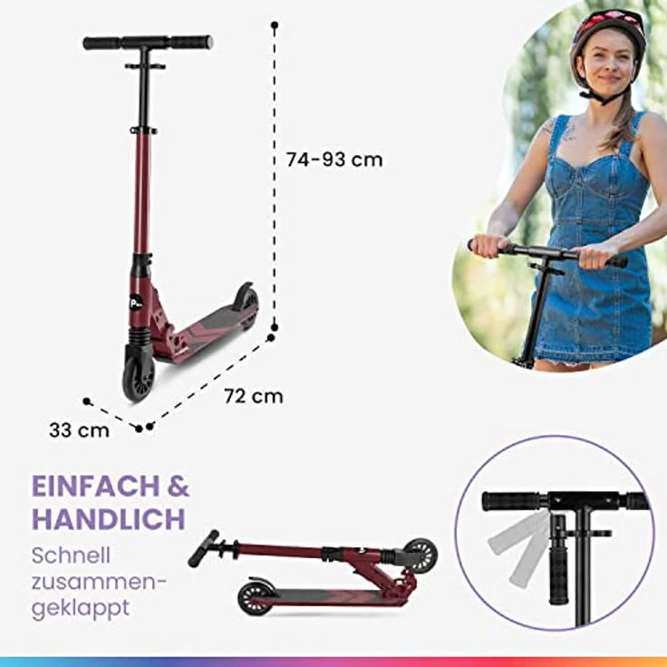 fun pro Premium Roller, Roller Kinder 6-18 Jahre - Kickscooter, Tretroller, Cityroller, Faltbar Roller Erwachsene - LED Räder optional Roller Erwachsene, karmesinrot – Bild 4