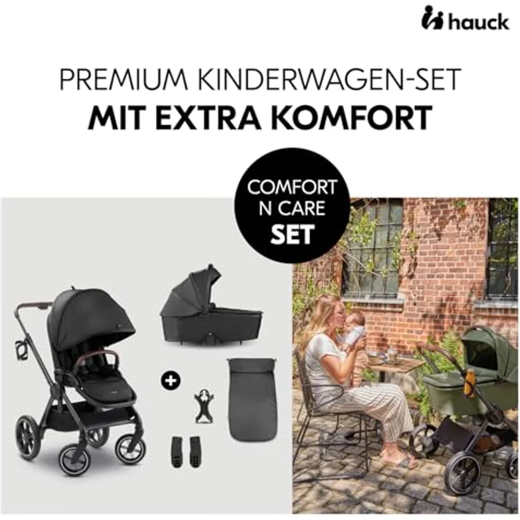 Hauck Kombikinderwagen Comfort N Care Set, Schwarz, mit 5-Punkte-Gurt, abklappbarer Fußstütze, Federung und abnehmbarer Verdeckung – Bild 2