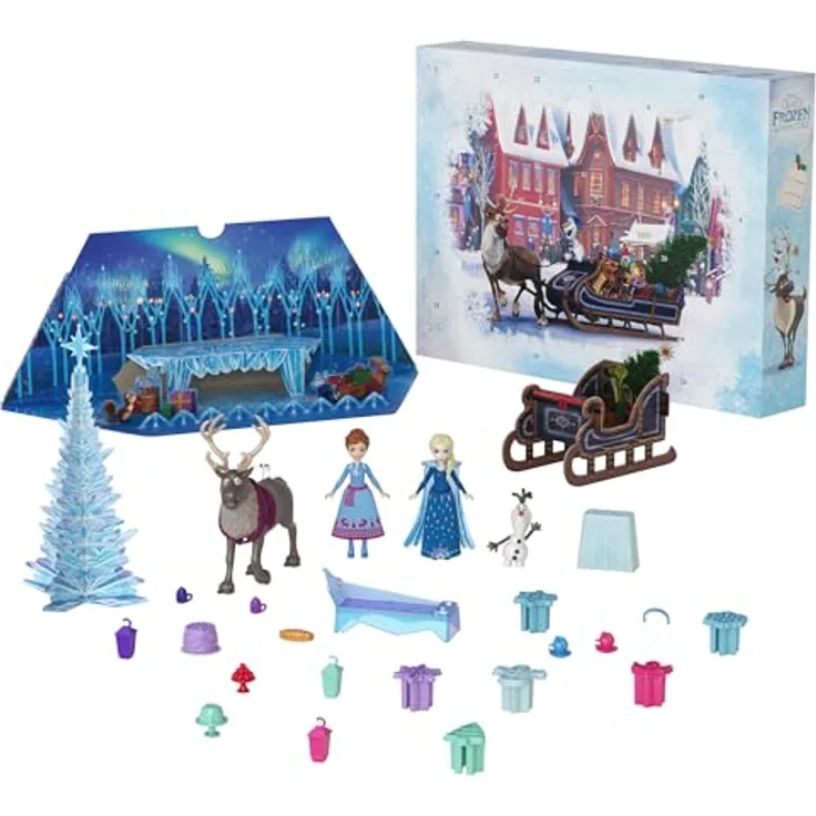 Mattel Disney Die Eiskönigin Kleine Anna- und Elsa-Puppen Adventskalender mit formbarem Sand und 24 Spielteilen, inspiriert von Die Eiskönigin Olaf taut auf“, HWX20