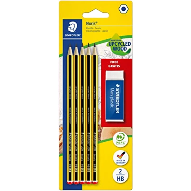 STAEDTLER Noris 120 Bleistiftset, 5 Stück HB mit Mars® Kunststoffradierer, Made from Upcycled Wood, rutschfeste Soft-Oberfläche – Bild 1