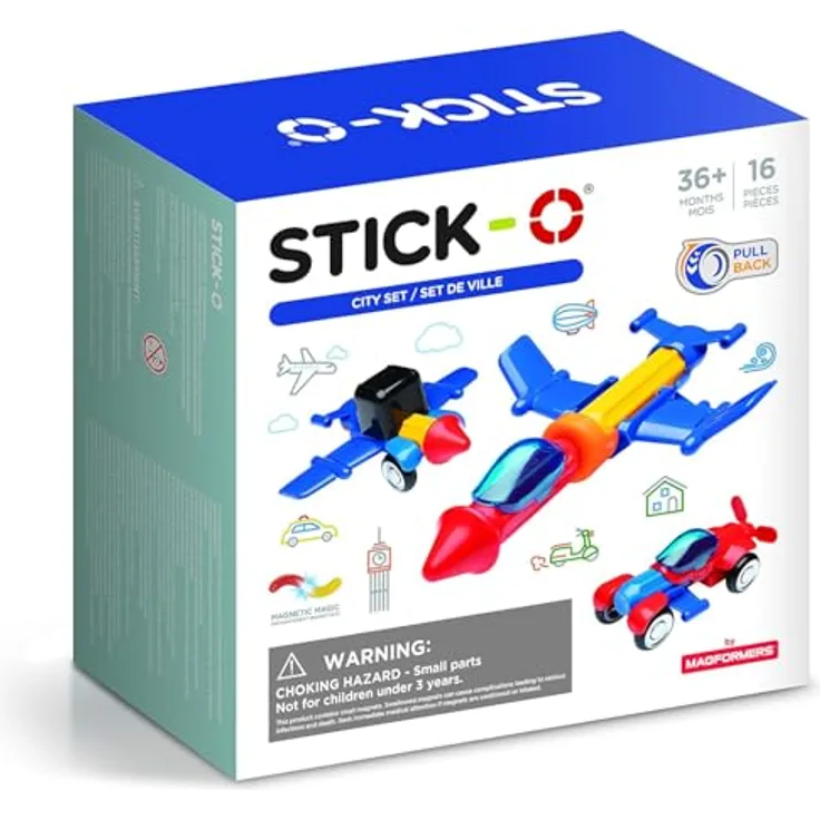 Stick-O City Set Magnetic Building Blocks Toy By Magformers. Chunky Pieces For Younger Children, Pull Back and Go Vehicles, Rotating Magnets - Red