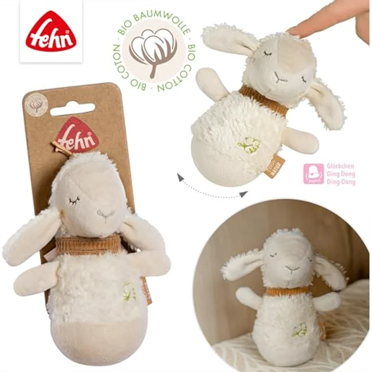 Fehn fehnNATUR Schaf Mini-Stehauf, Greifling aus Biobaumwolle (kbA) mit Glöckchen, Ecru, für Babys ab 0 Monaten – Bild 5