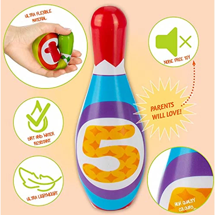all Kids United® Kegelspiel für Kinder Bowling-Set XXL mit 10 weichen PU Kegeln und 2 Bällen; Pädagogisches Lern-Spielzeug für Drinnen & Draußen aus Schaumstoff (10er Set) – Bild 3
