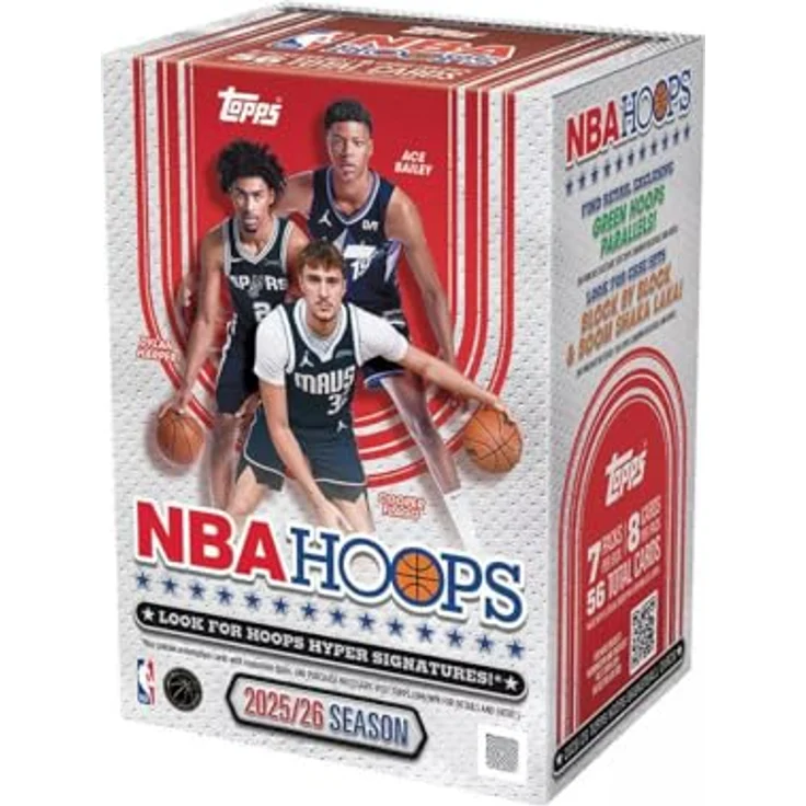 Topps 2025-26 NBA Hoops Value Box, Sammelkarte mit 56 Karten und exklusiven Inhalten – Bild 1