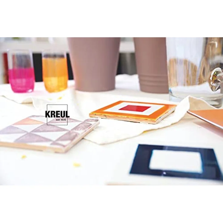 KREUL 16601 Glass & Porcelain Set Clear, 6 x 20 ml Wasserbasis Farben in Gelb, Orange, Rot, Blau, Grün, Braun mit Pinsel - glasklar, haftfest, spülmaschinenfest – Bild 2