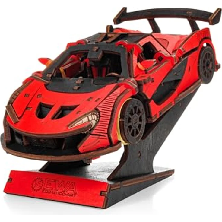 Eco Wood Art Modellbausatz Racing Car Rennauto, 237-teilig, Holzmodell in rot oder gelb mit Federmechanismus und öffnenden Türen – Bild 2