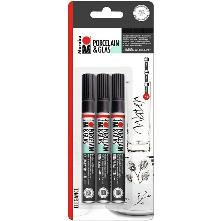 Marabu Lackmarker "Porcelain & Glas Painter", ELEGANCE - 3er Pack in schwarz, auf Wasserbasis und spülmaschinenfest bis 50 °C
