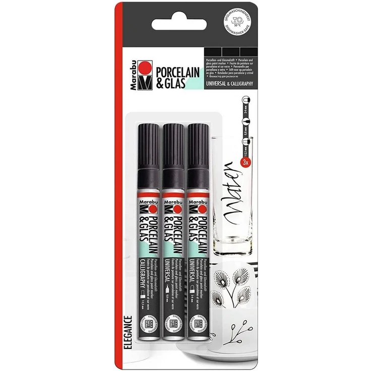 Marabu Lackmarker "Porcelain & Glas Painter", ELEGANCE - 3er Pack in schwarz, auf Wasserbasis und spülmaschinenfest bis 50 °C