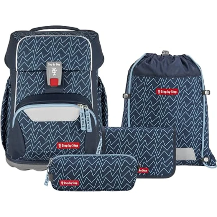 Step by Step Basis Schulranzen-Set „Blue Lines“, 4-teilig, ergonomischer Tornister 20L, blau, mit Reflektoren, Hüft- und Brustgurt, für Kinder ab der 1. Klasse – Bild 1
