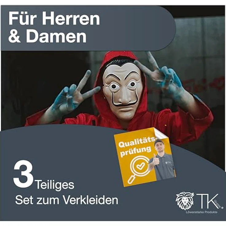 TK Gruppe Timo Klingler Kostümheld® 3 in 1 Unisex Kostüm Set - Haus des Geldes für Erwachsene Unisex mit Dali Salvador Maske, Gewehr, Anzug für Fasching & Halloween (160-180 cm) – Bild 4