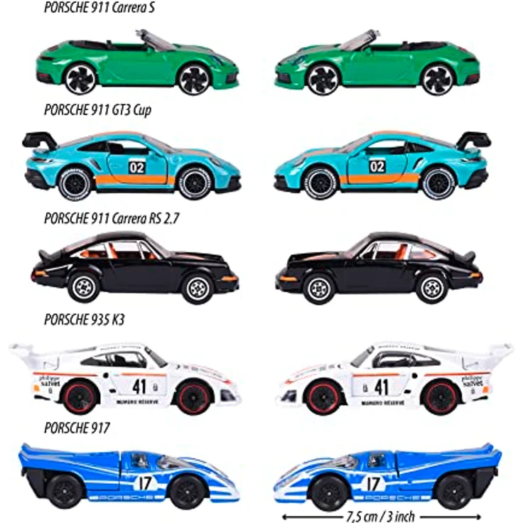 Majorette - Porsche Geschenk-Set (5er-Set Spielzeugautos) - 5 Modellautos (je 7,5, cm) inkl. 2 exklusiver Automodelle, für Kinder ab 3 Jahre, Blau,grün,schwarz,weiß – Bild 4