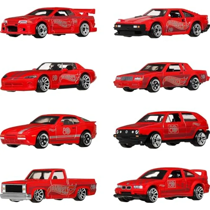 Mattel JGK09, 8er-Pack 1:64 Massstab Zinkdruckguss-Spielzeugautos im Jubiläumsdesign, nostalgische Modelle aus den 80ern und 90ern