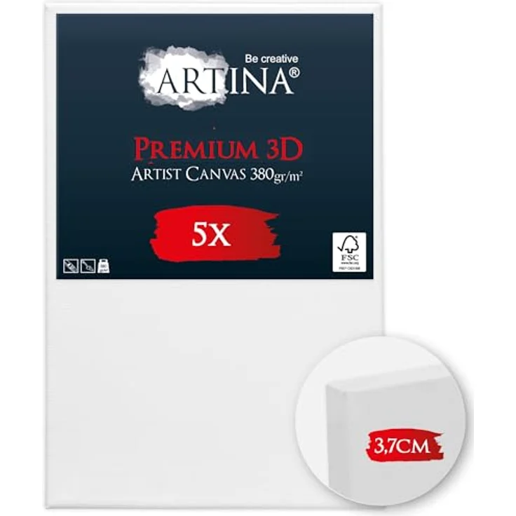 Artina 5er Set 3D Leinwand 18x24cm, FSC®-Keilrahmen, 3-fach weiß vorgrundiert, 100% Baumwolle, 380 g/m², Premium Künstlerbedarf – Bild 1